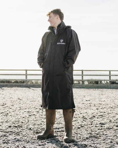 EQUIDRY men's mesh lining long waterproof horse riding coat in rich brown/cream