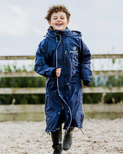 EQUIDRY waterproof horse riding raincoat thin fleece pro ride reflective in navy children's running in arena