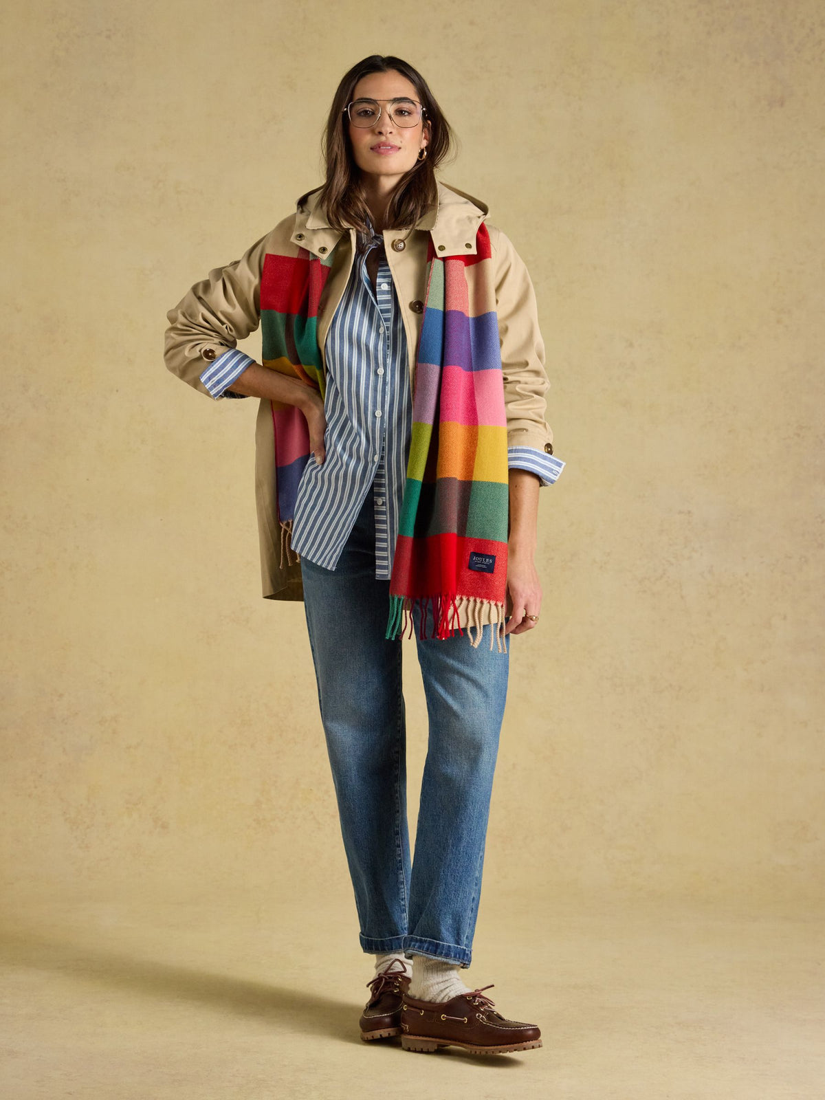 Joules Women's Scarf: Cozy Bright Gingham Pattern with Tassel Fringe