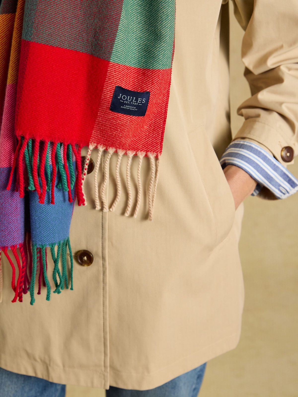 Joules Women's Langtree Bright Gingham Plaid Scarf - Cozy Brushed Knit with Tassels