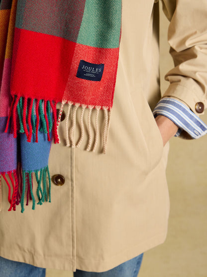 Joules Women's Langtree Bright Gingham Plaid Scarf - Cozy Brushed Knit with Tassels
