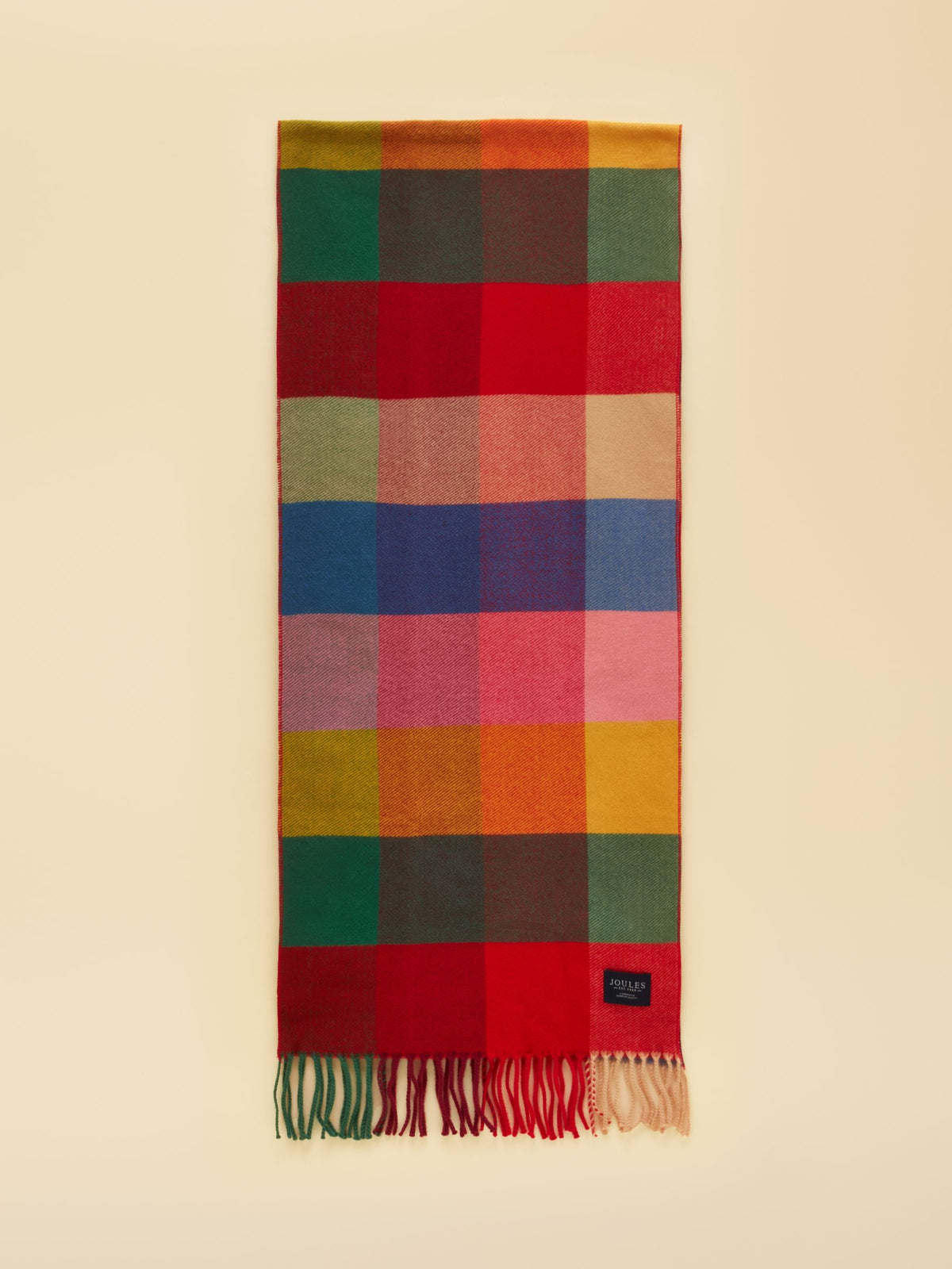 Joules Women's Bright Gingham Plaid Scarf with Tassels - Soft Knit Checked Winter Accessory