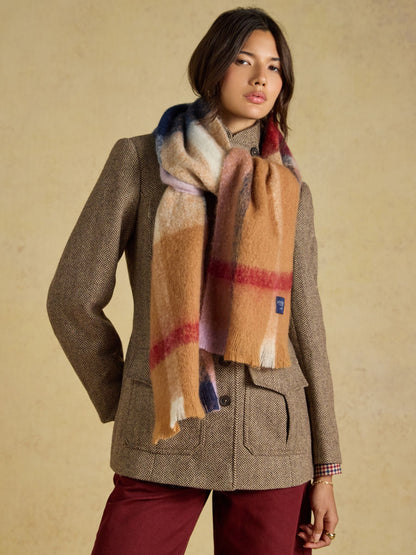 Joules Women's Betsy Scarf Tan Brown Check - Oversized Brushed Polyester