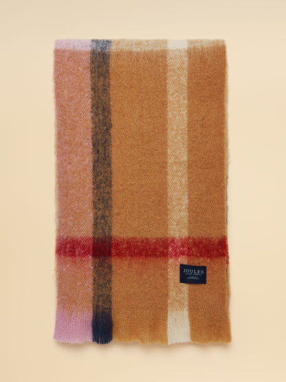 Joules Women's Oversized Tan Brown Check Scarf with Tassel Edges
