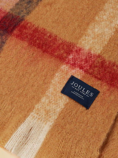 Joules Betsy Oversized Tan Brown Check Plaid Scarf with Woven Logo Tag