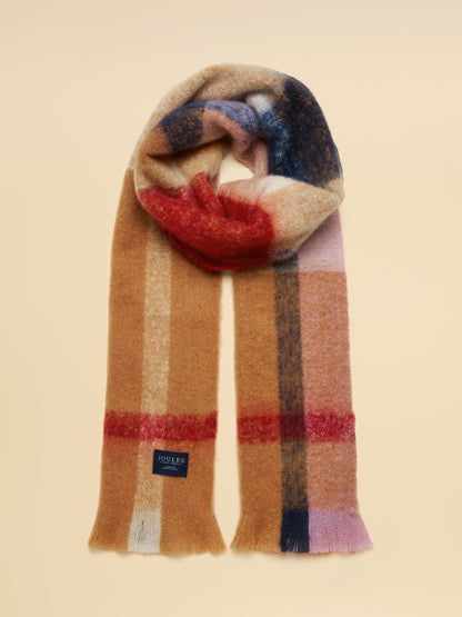 Joules Women's Tan Brown Check Brushed Tassel Scarf - Cozy & Warm
