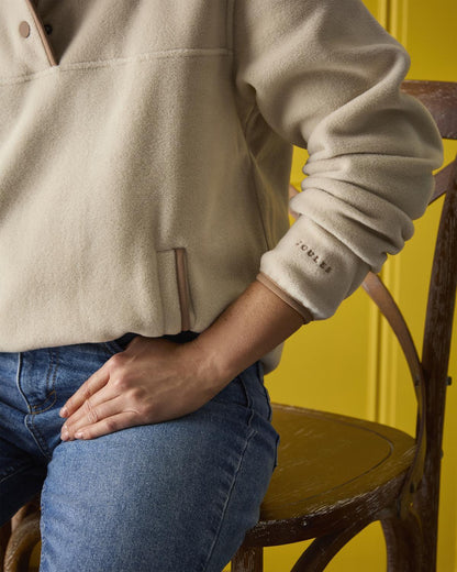 Joules Lulworth Fleece: Beige Funnel Neck, Cozy & Stylish.  Joules Outerwear, Comfortable Pullover for Women
