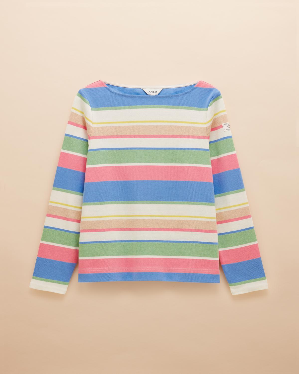 JOULES Harbour Top: Green & Pink Striped Shirt - Relaxed Fit, Long Sleeve Cotton Tee
