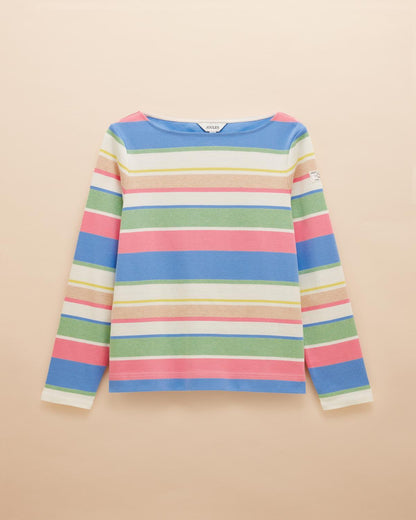 JOULES Harbour Top: Green & Pink Striped Shirt - Relaxed Fit, Long Sleeve Cotton Tee