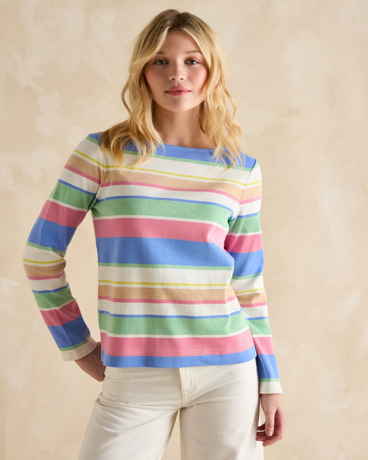 Joules Harbour Top - Green, Pink & Pastel Stripe Long Sleeve Shirt for Women - Equiflair