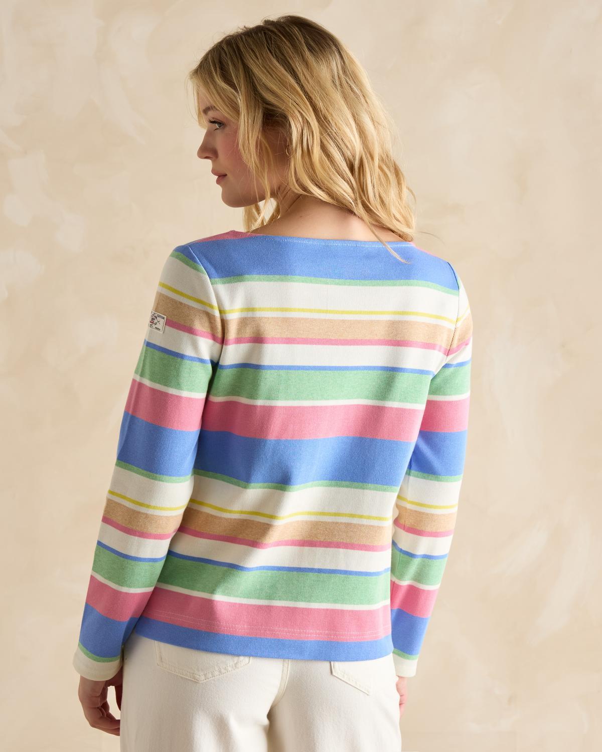 JOULES Harbour Top: Green & Pink Pastel Stripe Shirt, Women's Relaxed Fit Breton, Long Sleeve, Striped Top