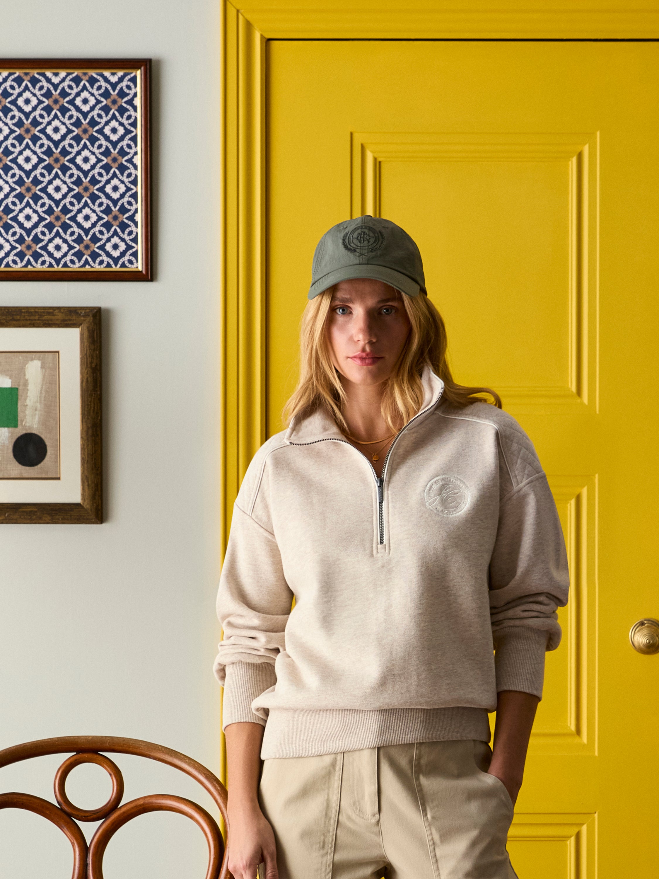 Joules Racquet Cream Half-Zip Sweatshirt: Women's fashion layering piece from Equiflair. Stylish and comfortable cotton melange.