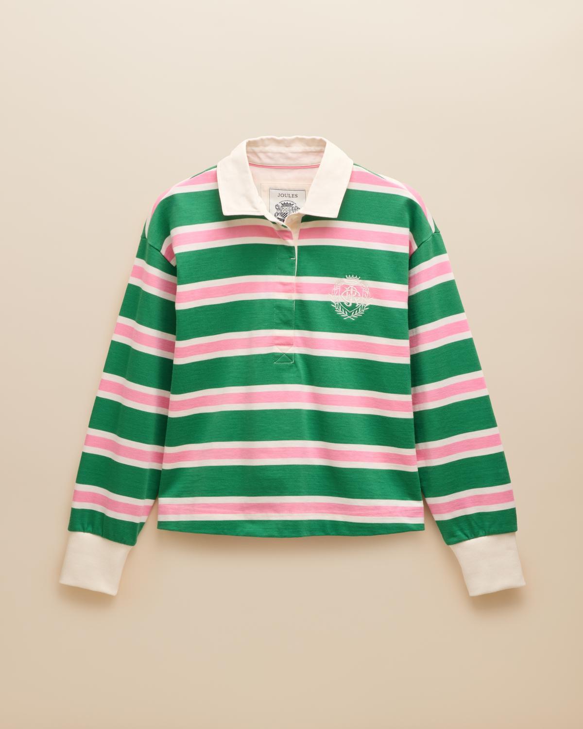 JOULES LARA GREEN MULTI Rugby Shirt - Boxy Fit Cotton Long Sleeve Top with Embroidered Details