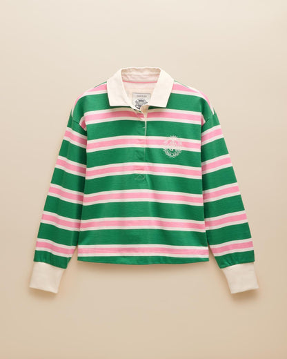 JOULES LARA GREEN MULTI Rugby Shirt - Boxy Fit Cotton Long Sleeve Top with Embroidered Details