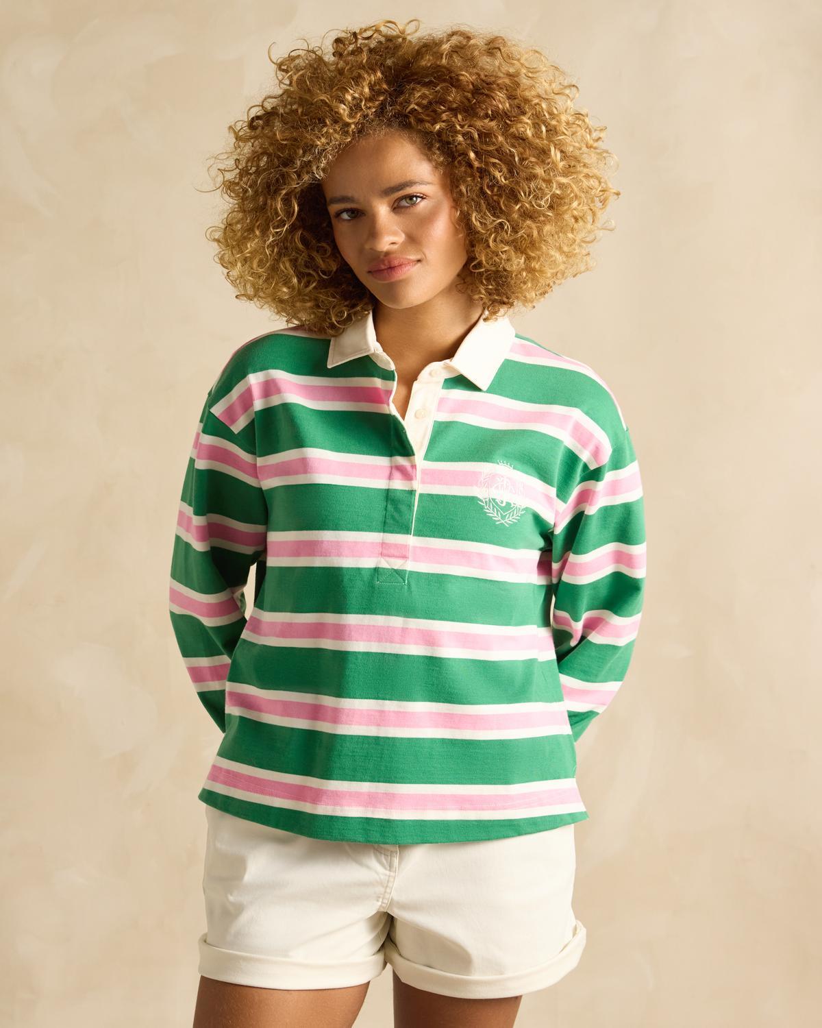 Joules Lara Green Multi Rugby Shirt for Women - Striped, Boxy Fit, Long Sleeves