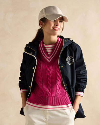 JOULES Navy Packable Raincoat with Hood - Woman Wearing Waterproof Jacket