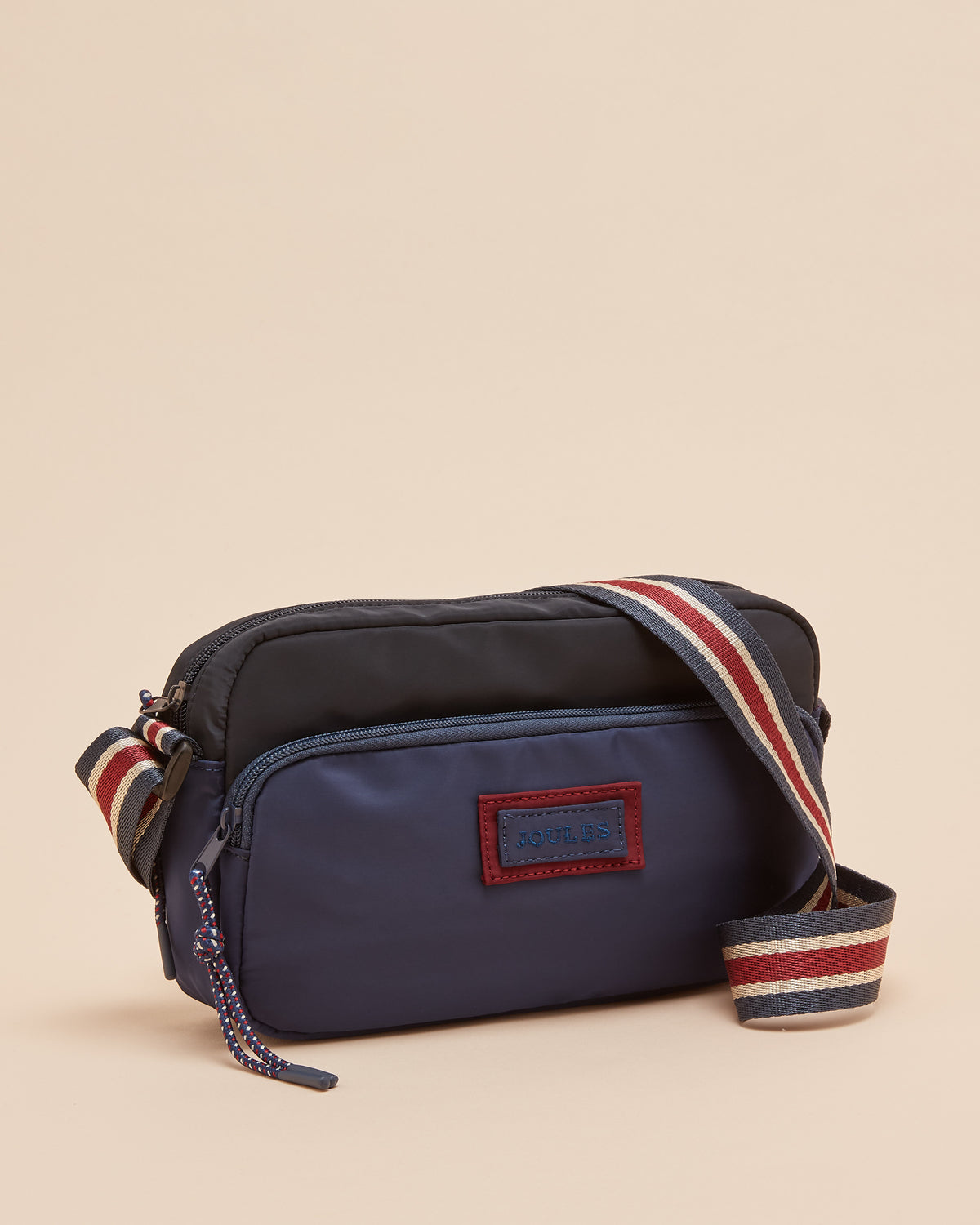 JOULES Marlow Navy Cross Body Bag: Nylon Shoulder Bag with Striped Strap, Zipped Compartments