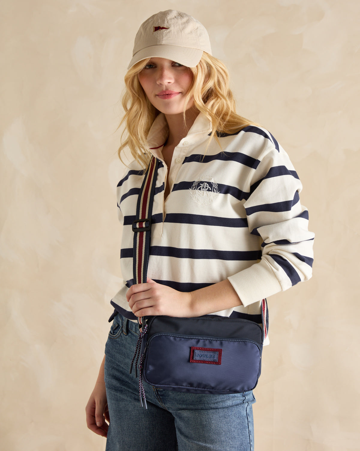 Joules Marlow Navy Nylon Crossbody Bag for Women. Striped Strap, Adjustable. Equiflair Store.