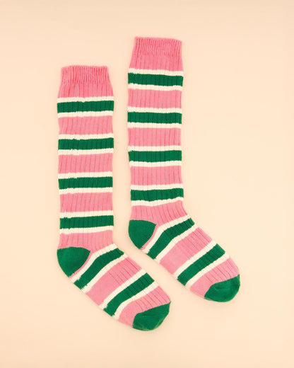 Joules Wader Pink & Green Striped Welly Socks: Wellington Boot Socks for Women