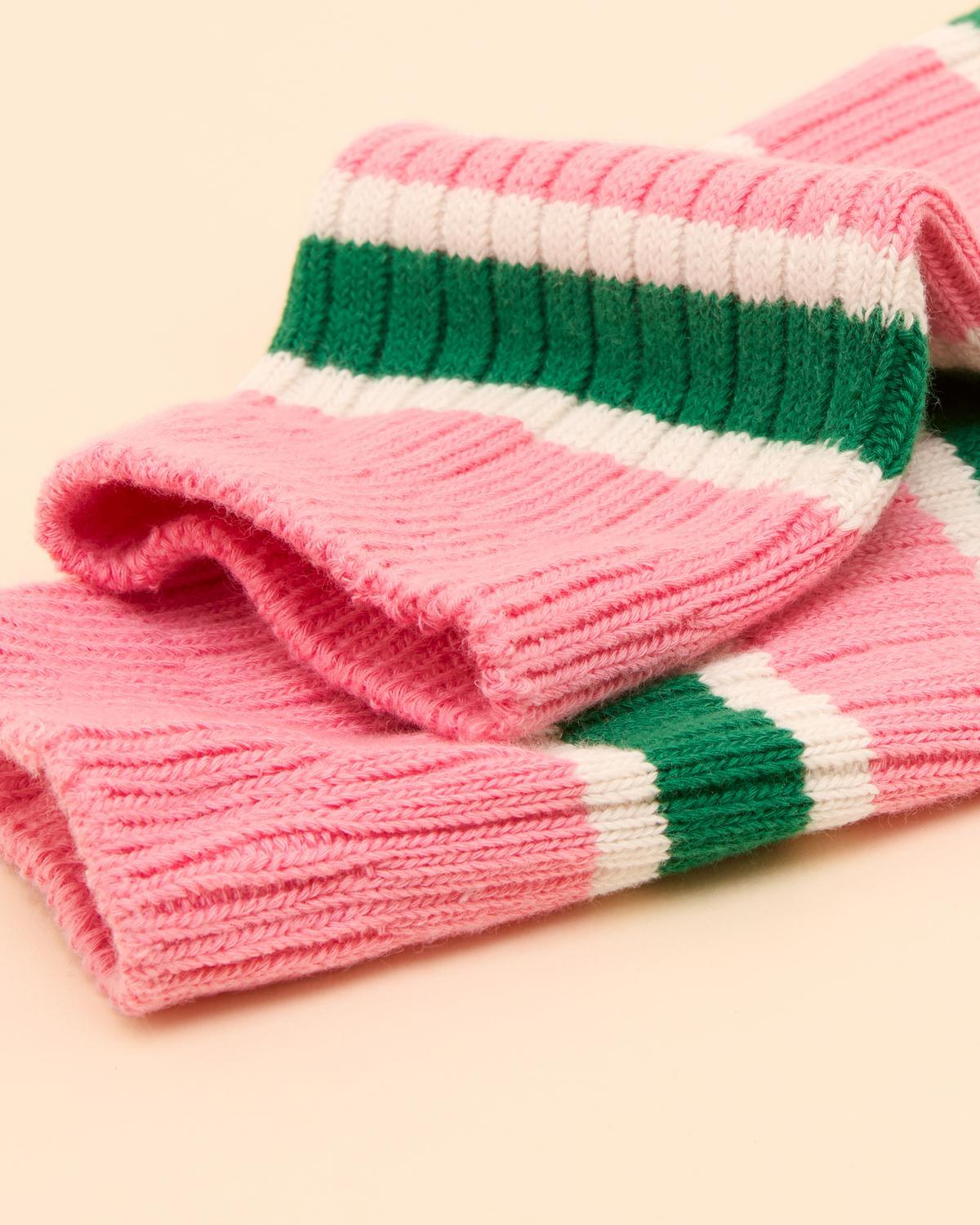 Pink, Green & White Striped Welly Socks - Ribbed Cotton Blend for Comfort Under Wellies!