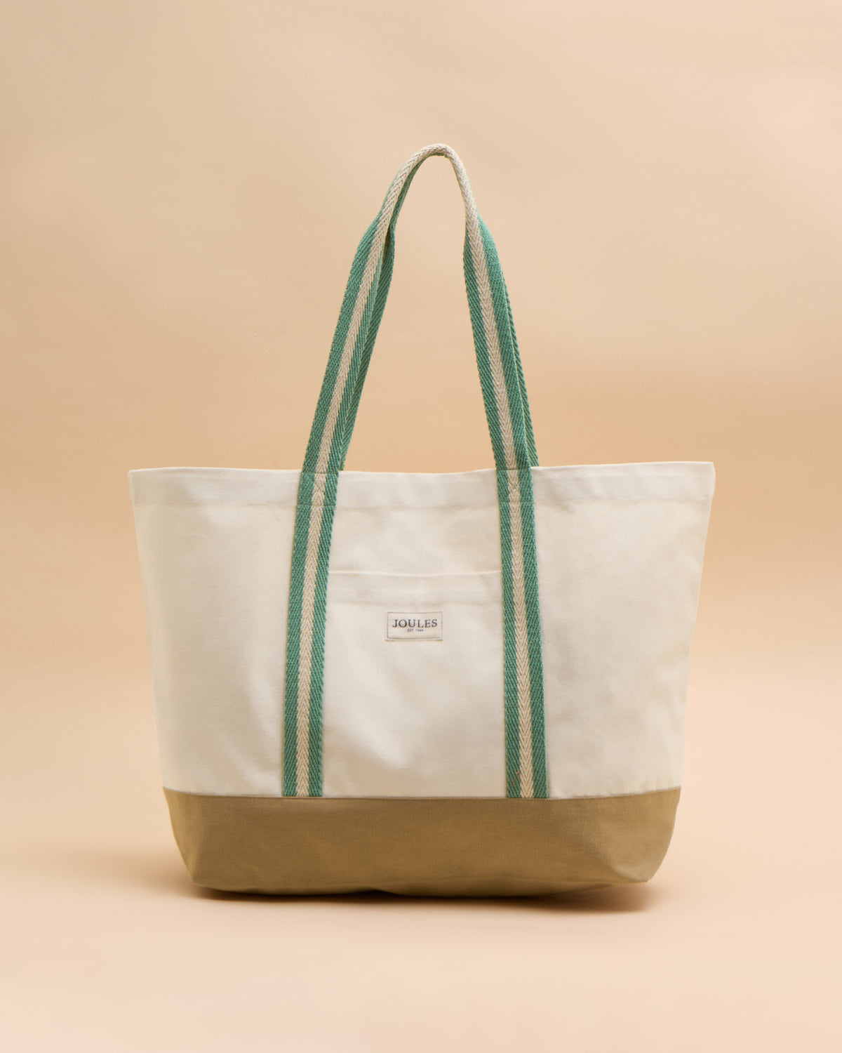 Joules Promenade Neutral Canvas Beach Bag: Striped Straps, Front Pocket, Contrast Base - Stylish Summer Tote!