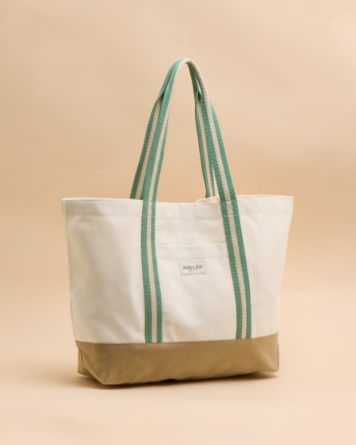 Joules Promenade Canvas Beach Bag Neutral: Stylish tote with striped straps, ideal for beach essentials from Equiflair.