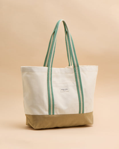 Joules Promenade Canvas Beach Bag Neutral: Stylish tote with striped straps, ideal for beach essentials from Equiflair.