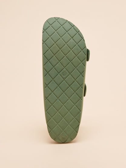 Joules Sage Green EVA Sliders: Underside View - Patterned Sole, Size 41, Buckle Straps, Women's Summer Sandals