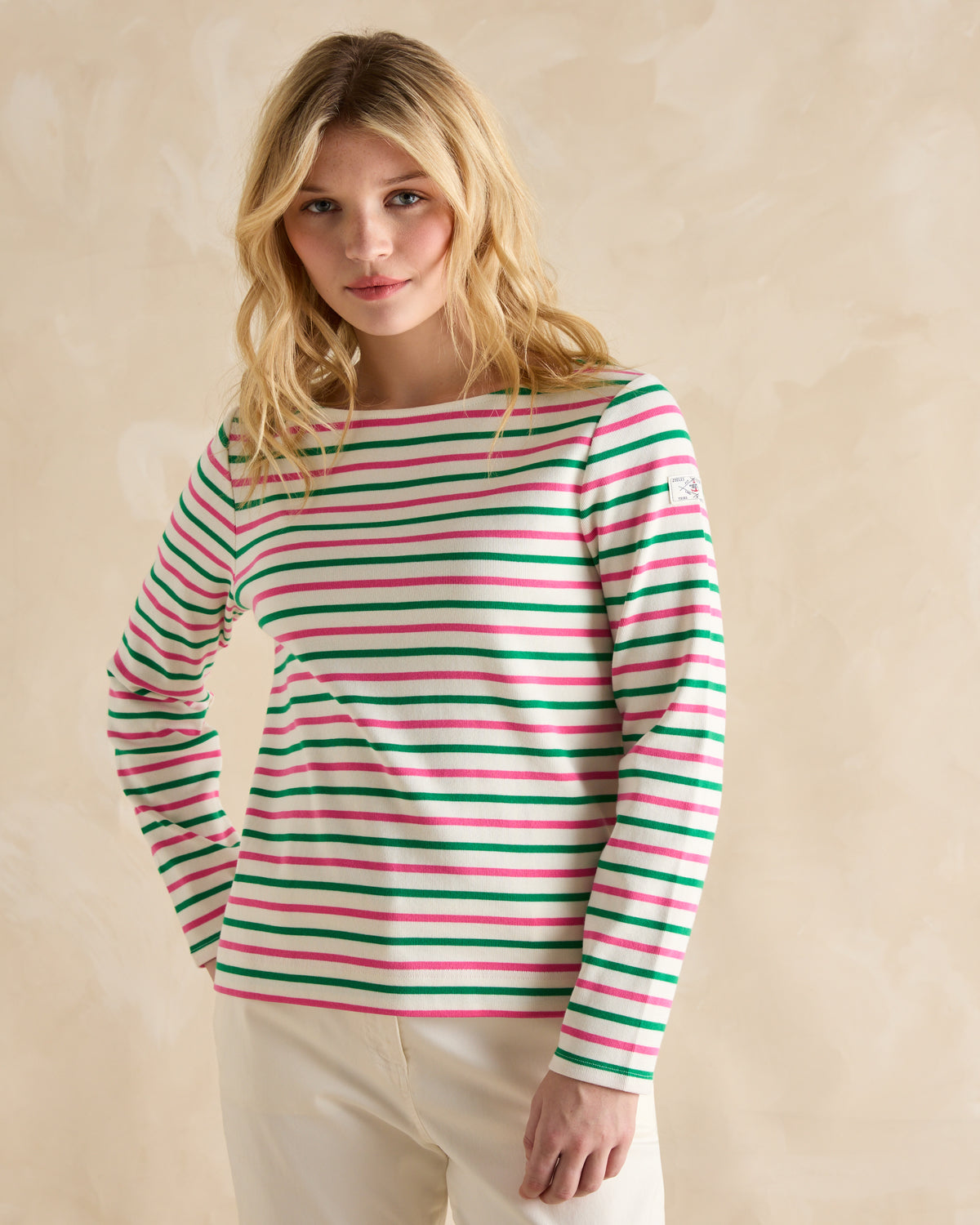 Joules Harbour Top Pink & Green Striped Shirt - Women's Long Sleeve Breton Style