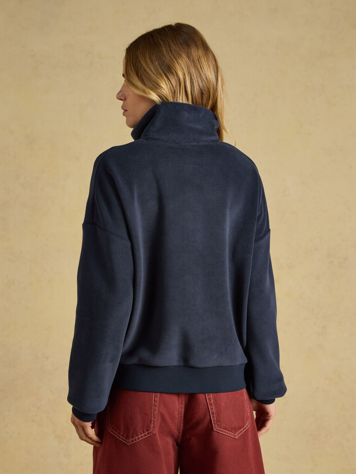 Joules women's navy fleece quarter zip funnel neck - cozy, warm, relaxed fit for outdoor adventures.