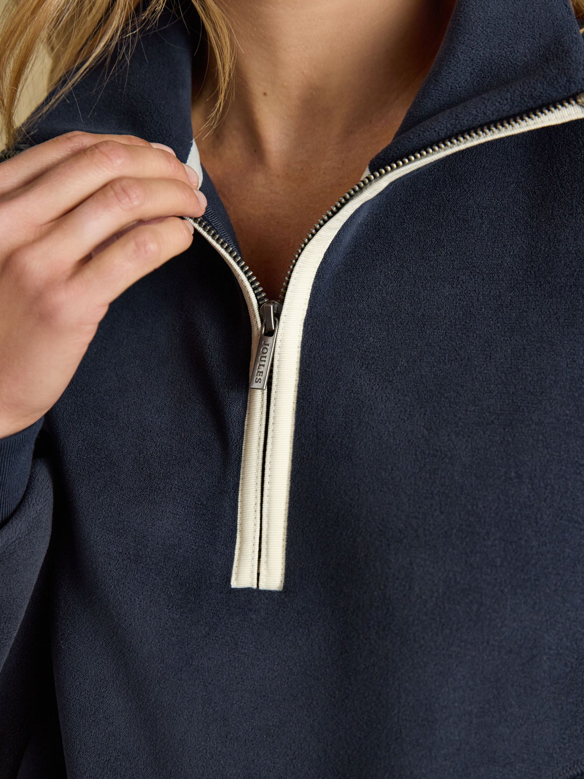 Joules women's navy quarter zip fleece with funnel neck and contrast trim