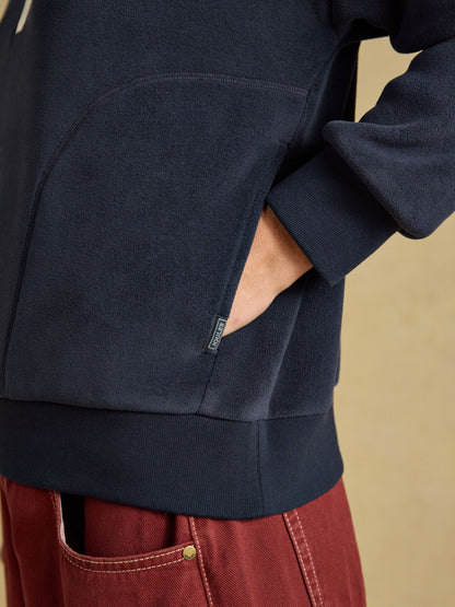 Women's Joules navy quarter zip fleece pullover with funnel neck and side pockets for warm outdoor layering.