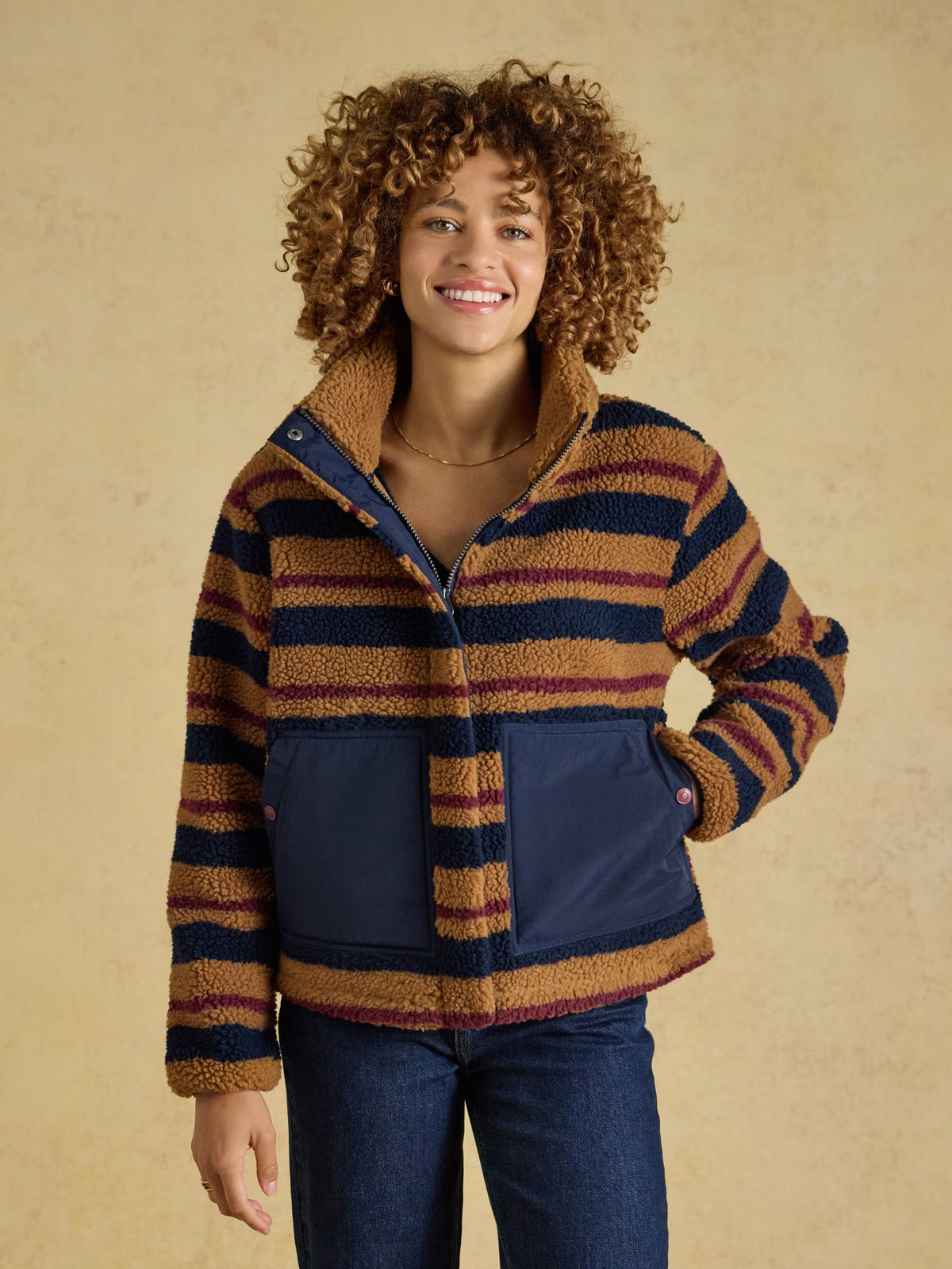 Women's Joules Tan Brown Stripe Lottie Zip Through Borg Fleece