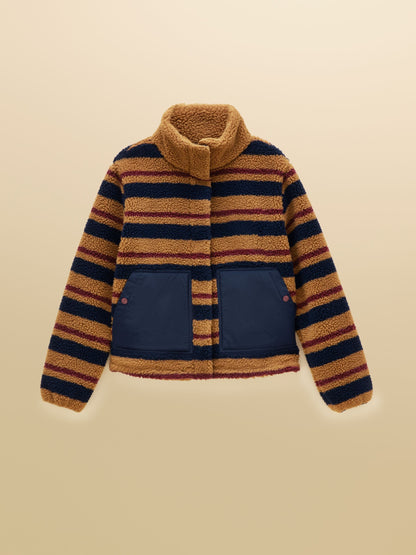 Women's Joules Tan Brown Stripe Lottie Zip Through Borg Fleece