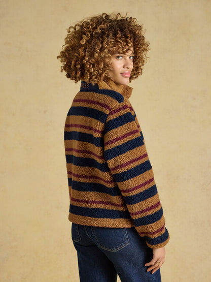 Women's Joules Tan Brown Stripe Lottie Zip Through Borg Fleece