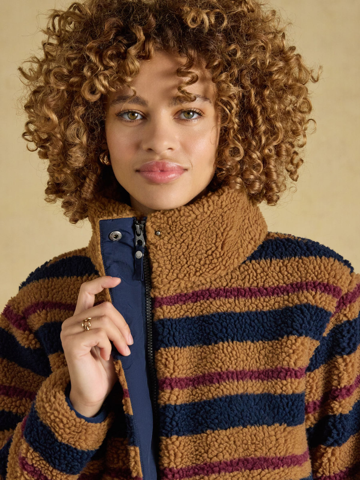 Women's Joules Tan Brown Stripe Lottie Zip Through Borg Fleece