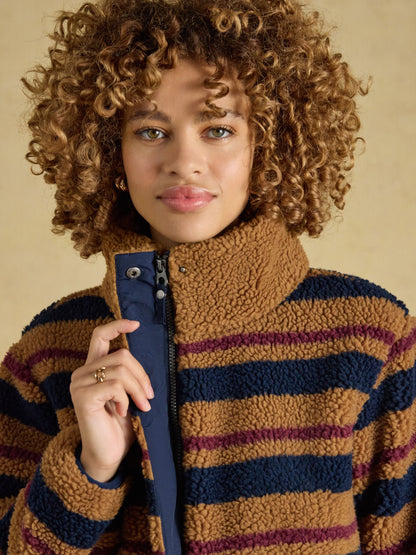 Women's Joules Tan Brown Stripe Lottie Zip Through Borg Fleece