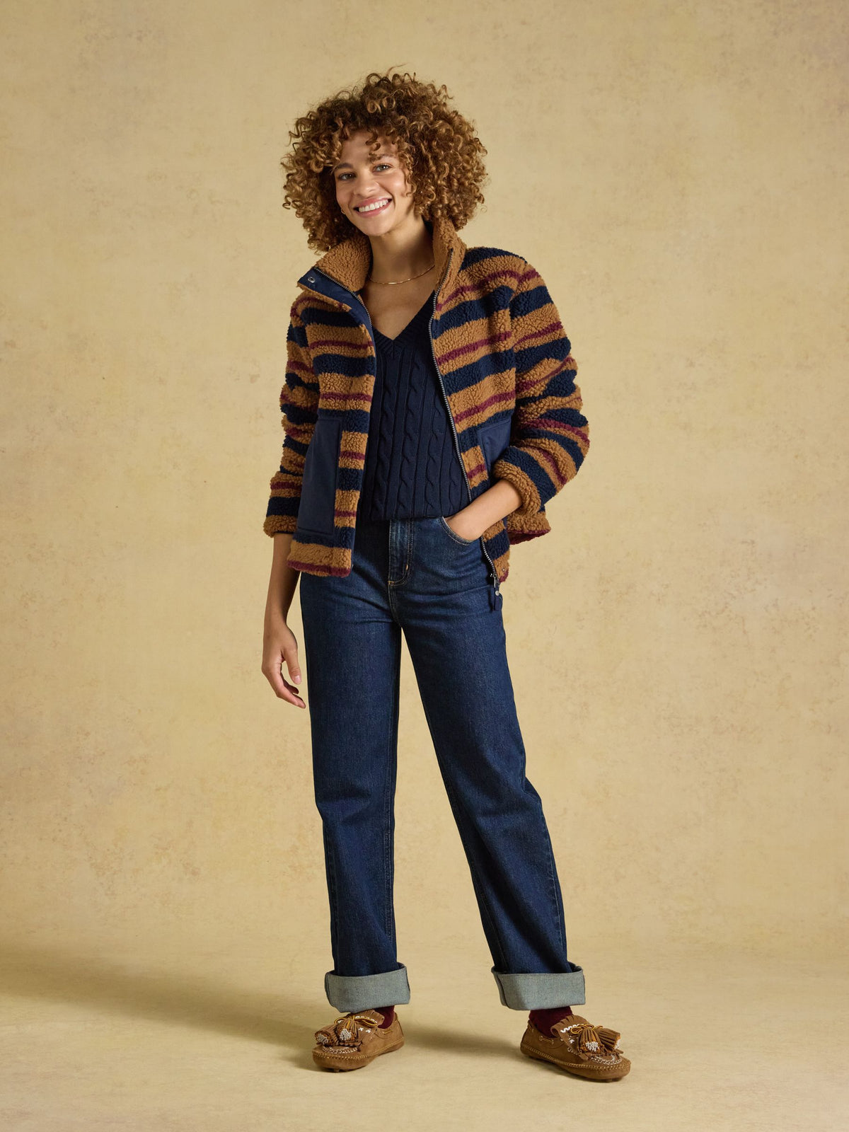 Women's Joules Tan Brown Stripe Lottie Zip Through Borg Fleece