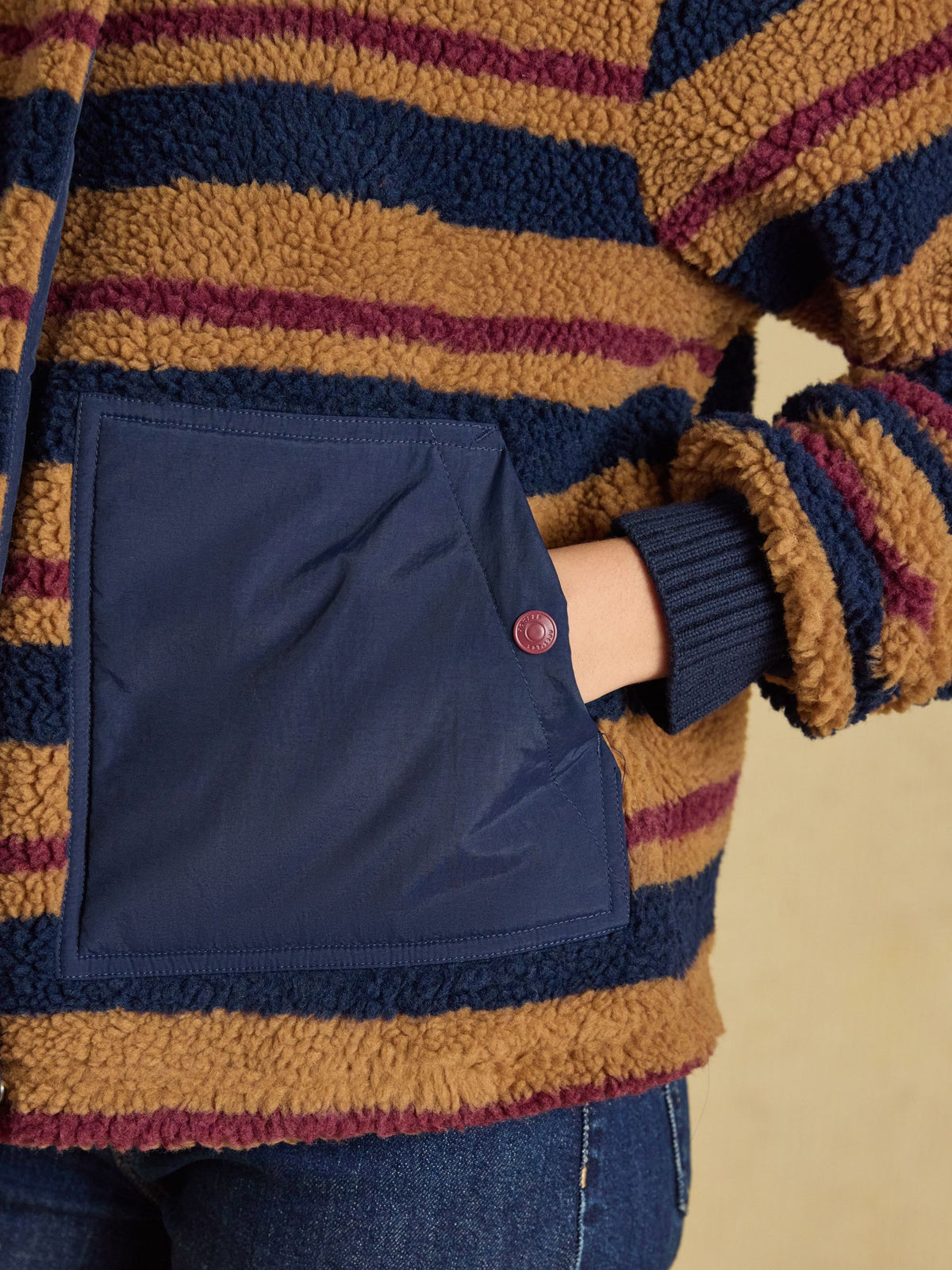 Women's Joules Tan Brown Stripe Lottie Zip Through Borg Fleece