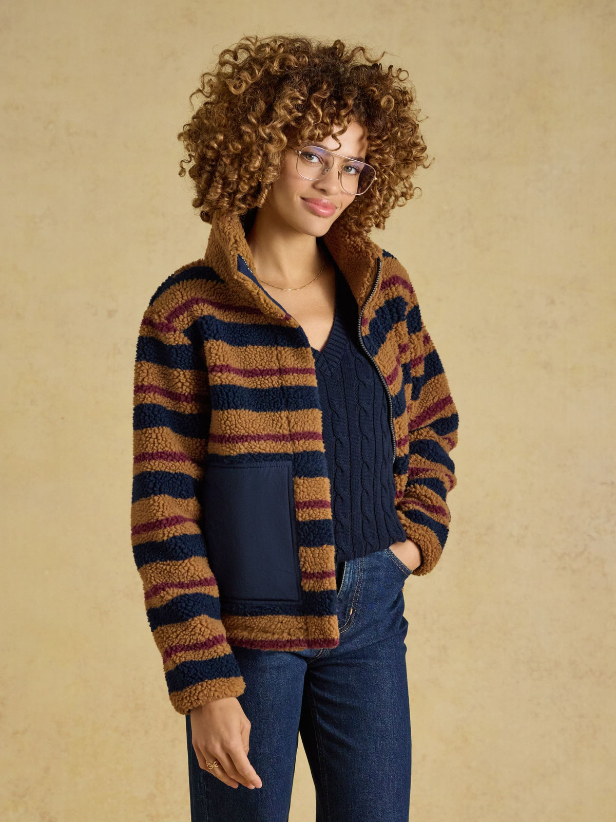 Women's Joules Tan Brown Stripe Lottie Zip Through Borg Fleece