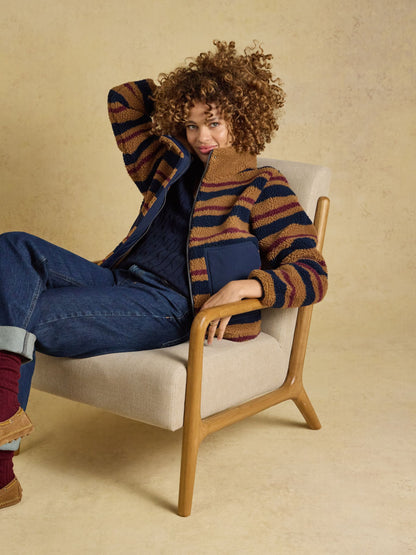 Women's Joules Tan Brown Stripe Lottie Zip Through Borg Fleece