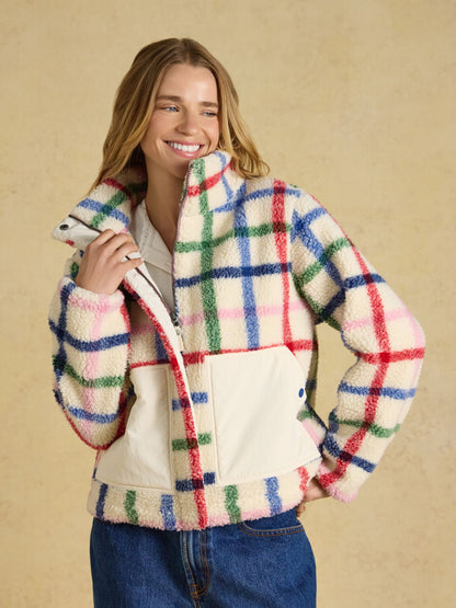 Women's Joules Lottie Cream Plaid Borg Fleece Jacket - Cozy, Warm & Stylish Outerwear