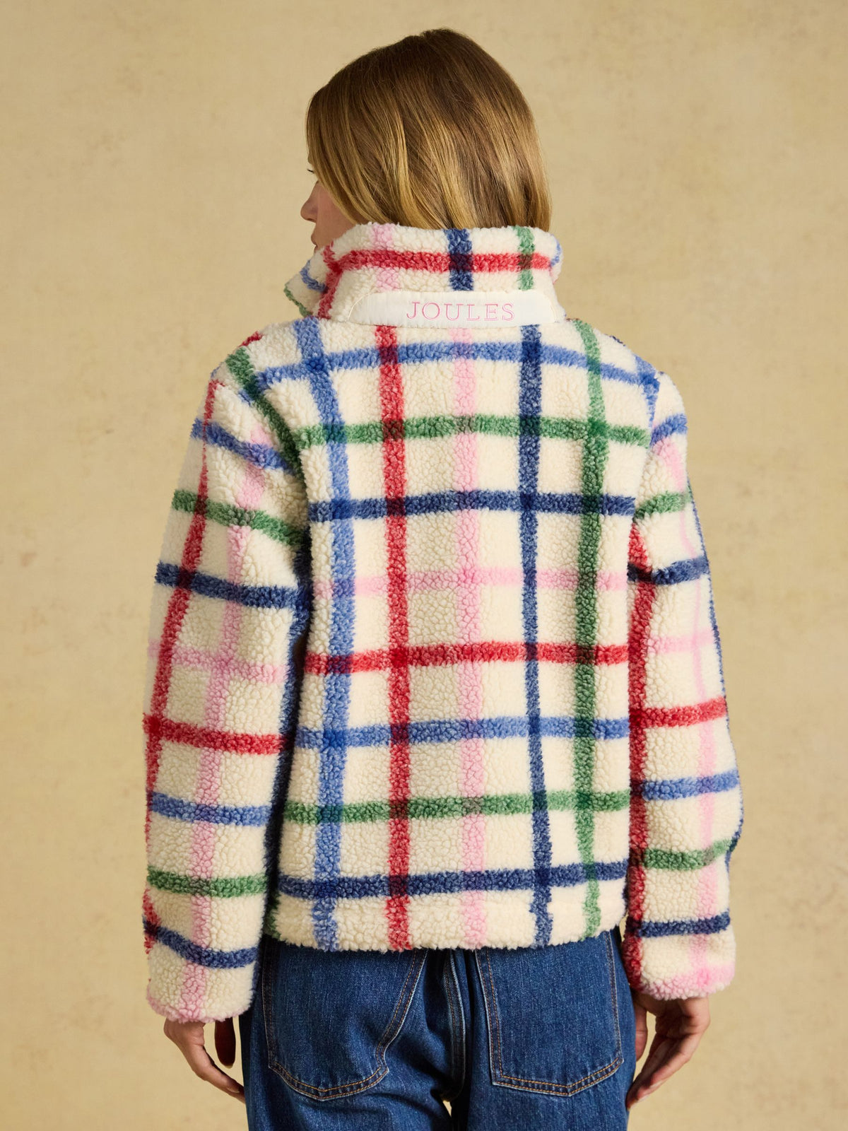 Joules Lottie Cream Check Zip Through Borg Fleece Jacket for Women - Cozy Recycled Polyester