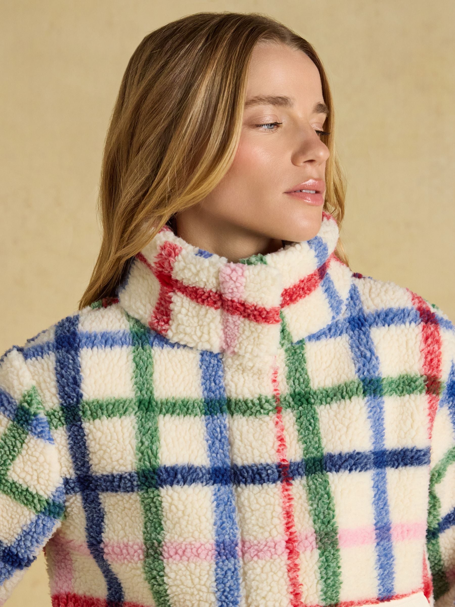 Women's Joules Lottie Cream Check Zip Through Borg Fleece Jacket - Cozy Plaid Warm Layering