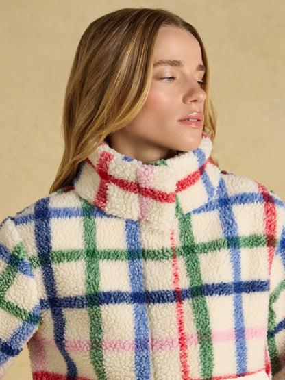 Women's Joules Lottie Cream Check Zip Through Borg Fleece Jacket - Cozy Plaid Warm Layering