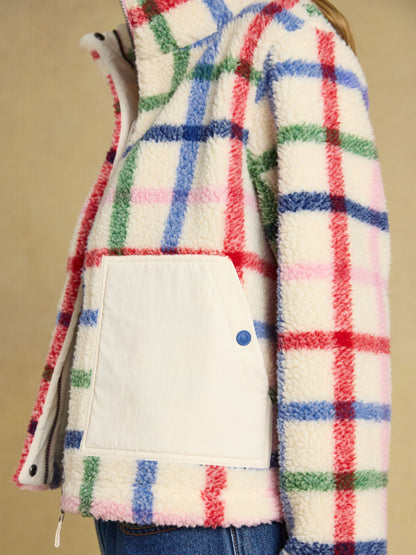 Women's Joules Lottie Cream Check Zip Through Borg Fleece Jacket with Patch Pockets