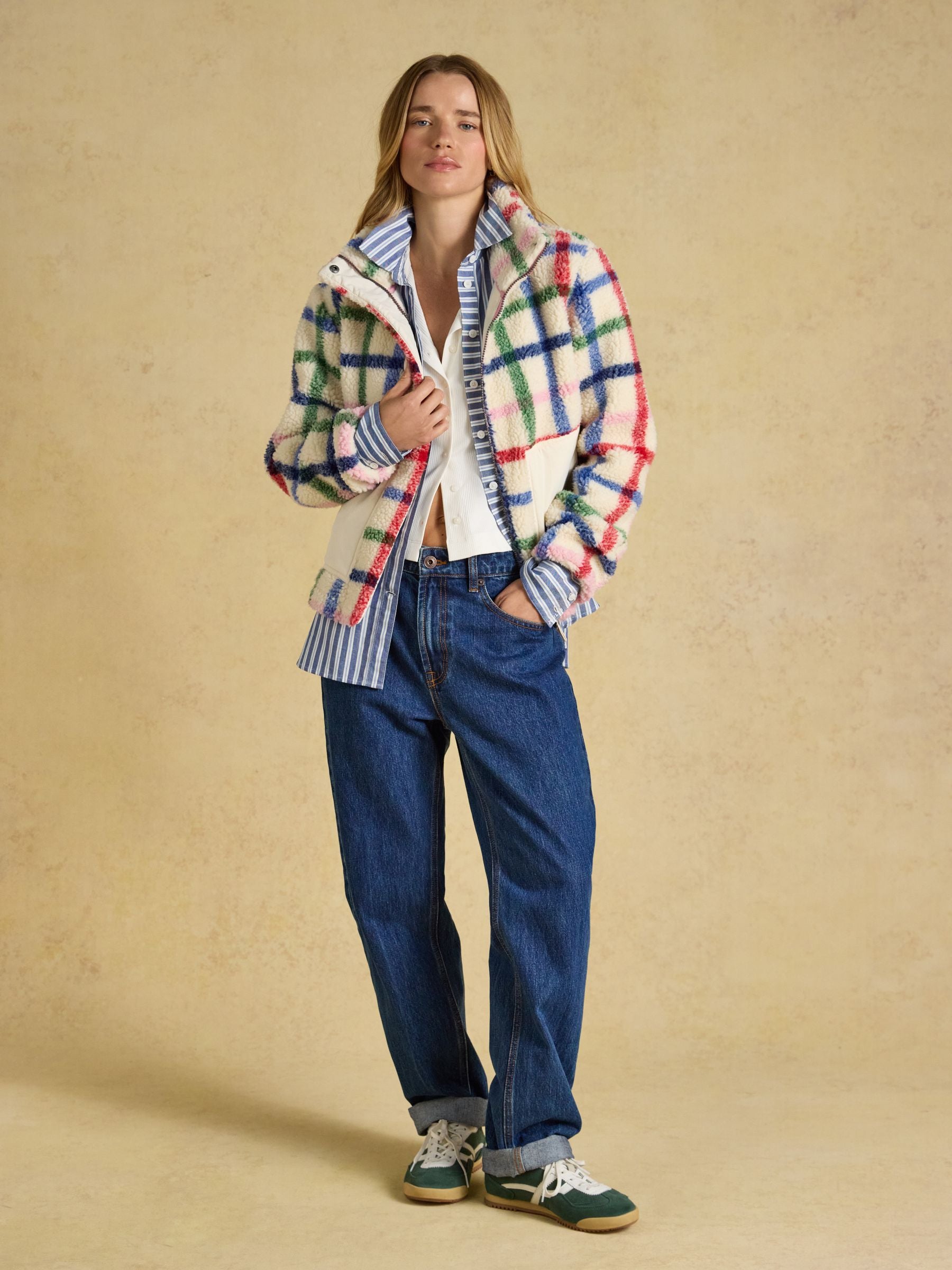 Women's Joules Lottie Cream Check Borg Fleece: Plush, recycled polyester zip-through jacket with a relaxed fit.