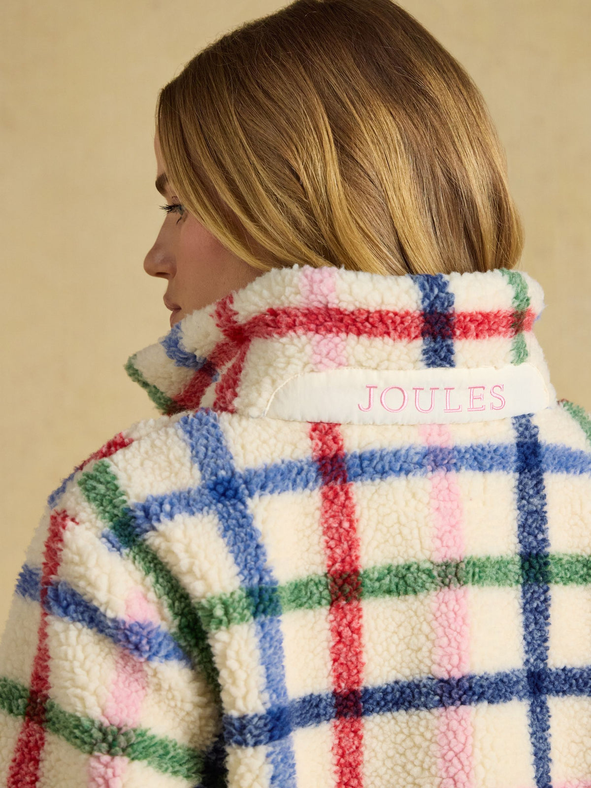 Joules Lottie Cream Check Plush Borg Fleece Jacket with Recycled Polyester