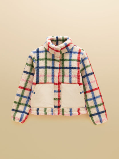 Women's Joules Lottie cream check plaid borg fleece jacket with funnel neck and patch pockets