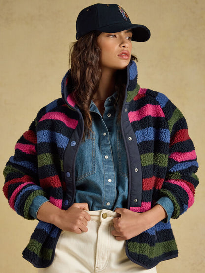 Joules Women's Navy Stripe Cozy Borg Fleece Jacket | Warm & Stylish Outdoor Wear